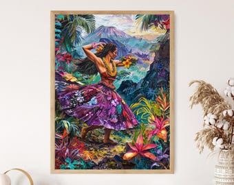 Traditional Hawaiian Hula Dancer Painting, Tropical Foliage Art Print, Hawaiian Culture Artwork