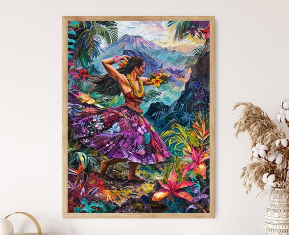 Traditional Hawaiian Hula Dancer Painting, Tropical Foliage Art
