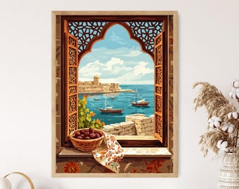 May include: A painting of a window with an ornate wooden frame and a view of a harbor with boats. The window is open and there are red dates in a bowl on the windowsill.