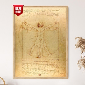 May include: Framed print of Leonardo da Vinci's Vitruvian Man, a classic depiction of human proportions. The artwork features a male figure within a circle and a square, with detailed handwritten text. The frame is a light wood color, and a "Best Seller" tag is visible.