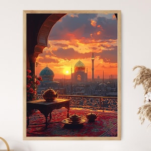 May include: A painting of a mosque with a golden dome and minarets against a sunset sky. The mosque is surrounded by a city with buildings and trees. A teapot and teacups are on a table in the foreground.