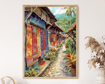 May include: A colorful painting of a narrow street lined with shops selling colorful fabrics. The street is paved with stone and lined with lush green plants. The buildings are painted in shades of blue and white, and the fabrics are a mix of bright colors, including red, orange, yellow, green, blue, and purple.