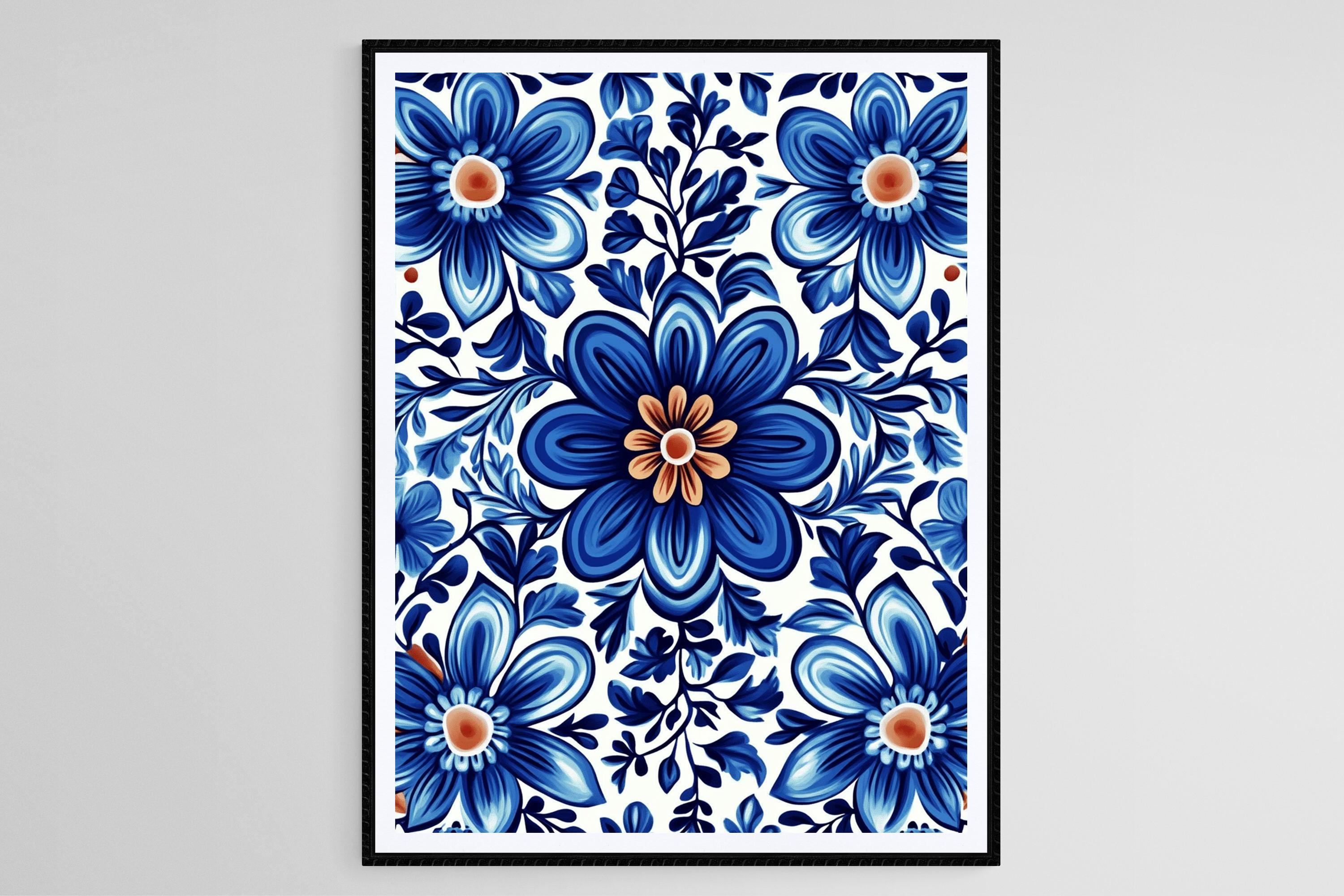 Traditional Blue Talavera Floral Art, Mexican Tile Pattern Wall