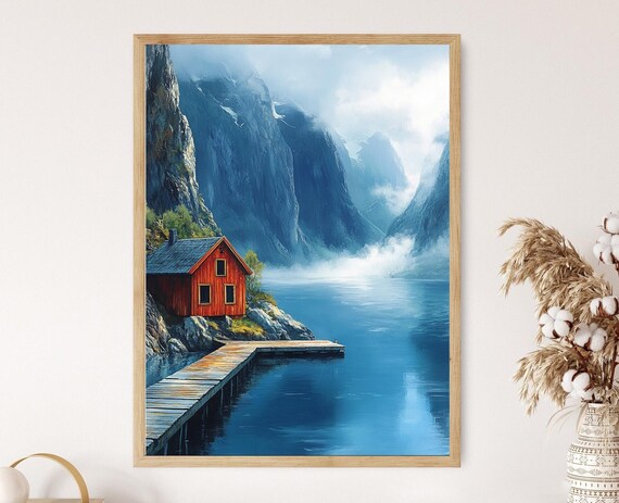 ノルウェーのフィヨルドハウスのアートプリント、風景のある