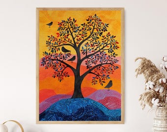 May include: A framed art print featuring a stylized tree with colorful leaves and three black birds. The background transitions from orange to blue, with a dotted texture. The artwork is in a wooden frame.