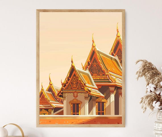 タイの寺院建築の芸術版画、華やかな屋根と精巧なディテール - Etsy 日本