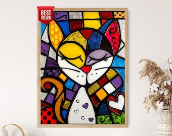 Pop Art Cat Portrait: Colorful Abstract Geometric Print