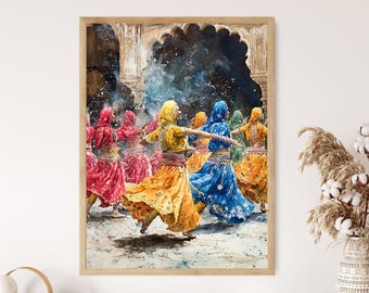 May include: Watercolor painting of a group of people dancing in colorful traditional clothing. The dancers wear vibrant yellow, blue, and red garments, with head coverings. The artwork is set against an architectural backdrop, with a light-colored stone archway.