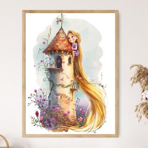 Prinses Rapunzel-kunstprint, betoverend wanddecor voor kinderen, perfect cadeau voor meisjes