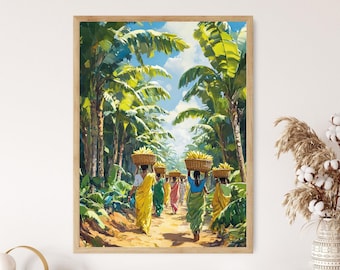 May include: A painting of a group of people walking down a path lined with palm trees. They are carrying baskets of bananas on their heads. The painting is done in a vibrant style with bright colors.