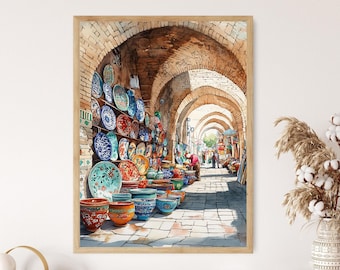 Tehran Bazaar Art Print: Persian Pottery Illustration Poster