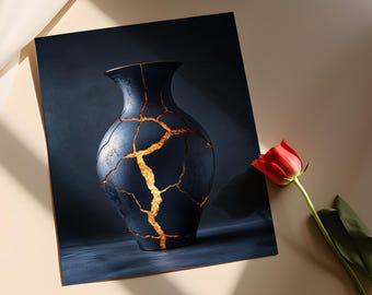 金継ぎ花瓶ポスター：侘び寂びの禅装飾、金継ぎ補修版画 - Etsy 日本
