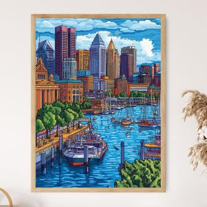 Baltimore Inner Harbor Art Print, Maryland Cityscape Wall Art, Colorful Skyline Decor