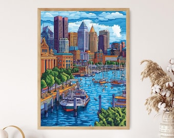 Impresión artística del puerto interior de Baltimore, arte mural con paisaje urbano de Maryland, decoración colorida del horizonte