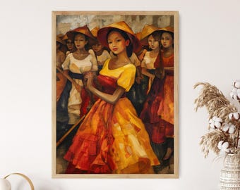 Puede incluir: Una pintura de un grupo de mujeres que llevan sombreros y vestidos coloridos. La mujer del centro lleva un vestido amarillo y rojo y un sombrero grande de ala ancha. Las otras mujeres llevan sombreros y vestidos similares, pero de diferentes colores. La pintura está realizada en un estilo realista y tiene un ambiente cálido y acogedor.