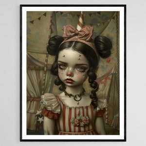 Impresión de arte de muñeca Circus Girl, arte de pared de personaje de dibujos animados caprichoso, impresión decorativa para guardería, regalo único de baby shower