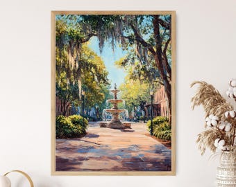 Savannah Georgia Art Print, Forsyth Fountain and Spanish Moss