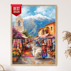 Peruvian Marketplace Art Print, Colorful Textiles and Alpaca Wool