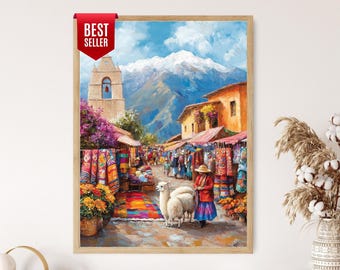 May include: A framed painting depicts a vibrant marketplace scene with colorful textiles, buildings, and people. A woman in a hat and a red jacket stands near two llamas. The background features a mountain range and a blue sky. The painting has a "BEST SELLER" tag.