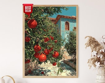 Shiraz Pomegranate Orchard Poster, Iranian Courtyard Farm Art Print, Flat Vector Fruit Scene