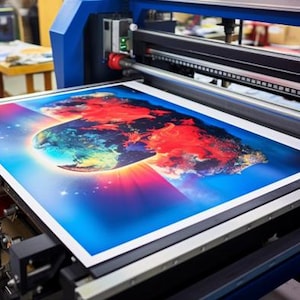Op de afbeelding: Een grootformaatprinter print een kleurrijk beeld van een wereldbol met rode, blauwe en groene kleuren. De afbeelding wordt geprint op een wit vel papier.
