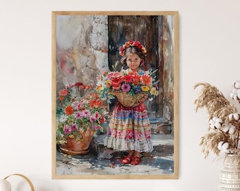May include: A watercolor painting of a young girl in a colorful dress holding a basket of flowers. The girl is wearing a flower crown and has a sweet expression on her face. The background is a watercolor wash of a stone wall and a wooden door.