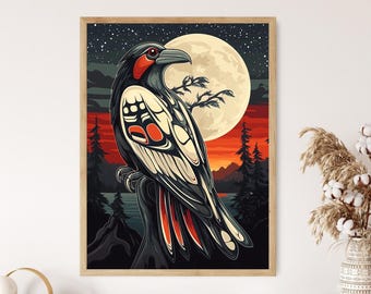 May include: A stylized illustration of a black and white bird with red accents perched on a branch against a backdrop of a full moon and a starry night sky.