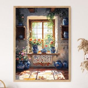 Multan Kitchen Art Print, Blue Pottery Decor Poster, Embroidered Runner Illustration