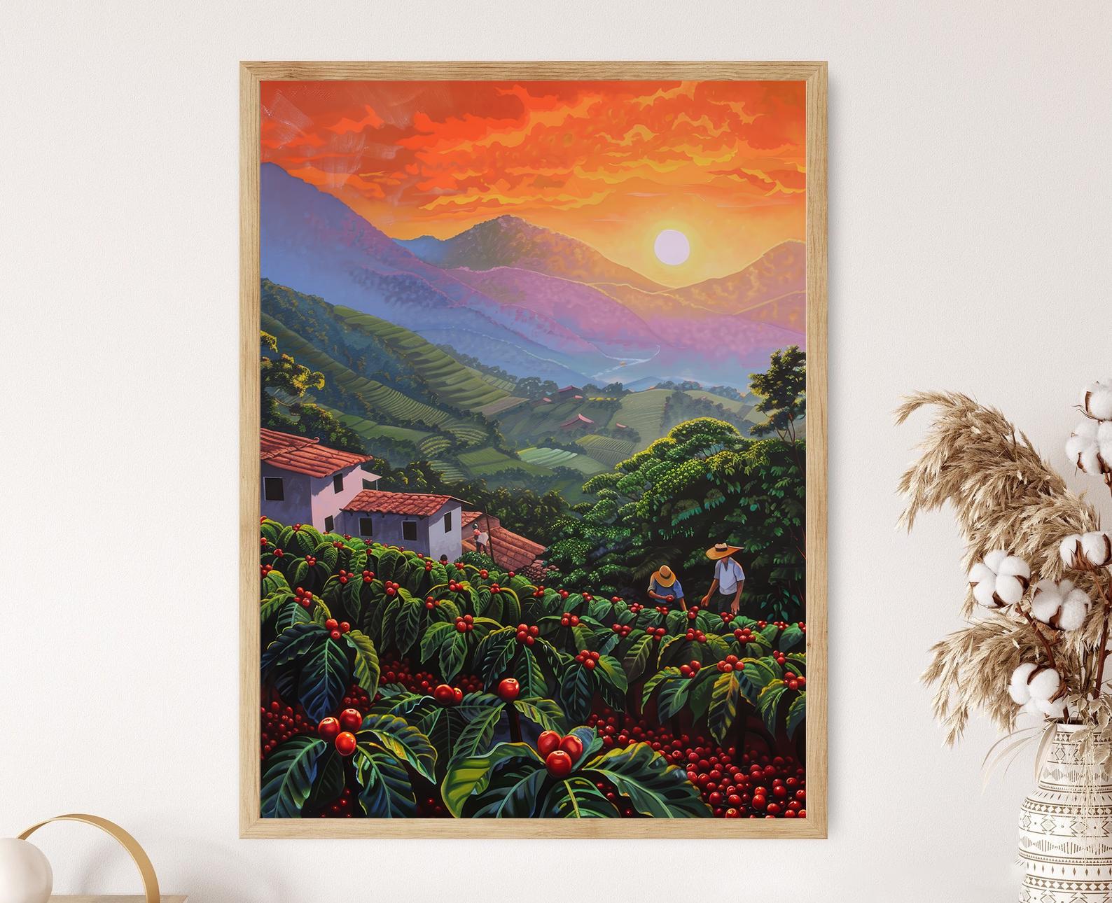 メキシコのコーヒー農園の日の出のアート、さくらんぼを摘む農民の絵画