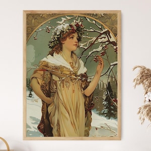 Floral Alphonse Mucha Style Artwork, Decorative Print for Art Lovers, Stylish Living Room Enhancement, Birthday Gift for Her
