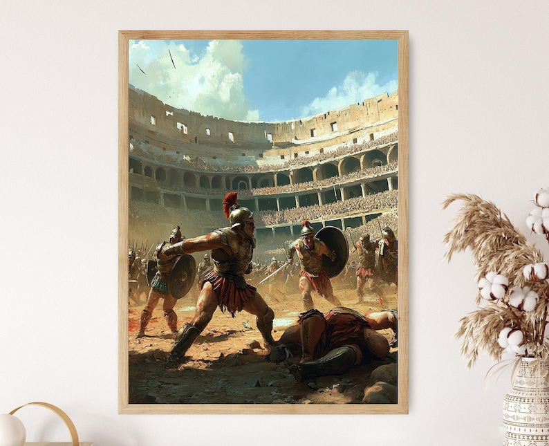 以下が含まれることがあります： 古代ローマの競技場で、剣闘士の戦いを描いた絵画。剣闘士たちは鎧を身に着け、剣を振るっている。競技場は観客でいっぱいである。