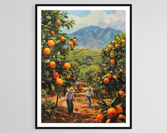 メキシコの柑橘園のアート、農民がオレンジを収穫する絵画、緑豊かな