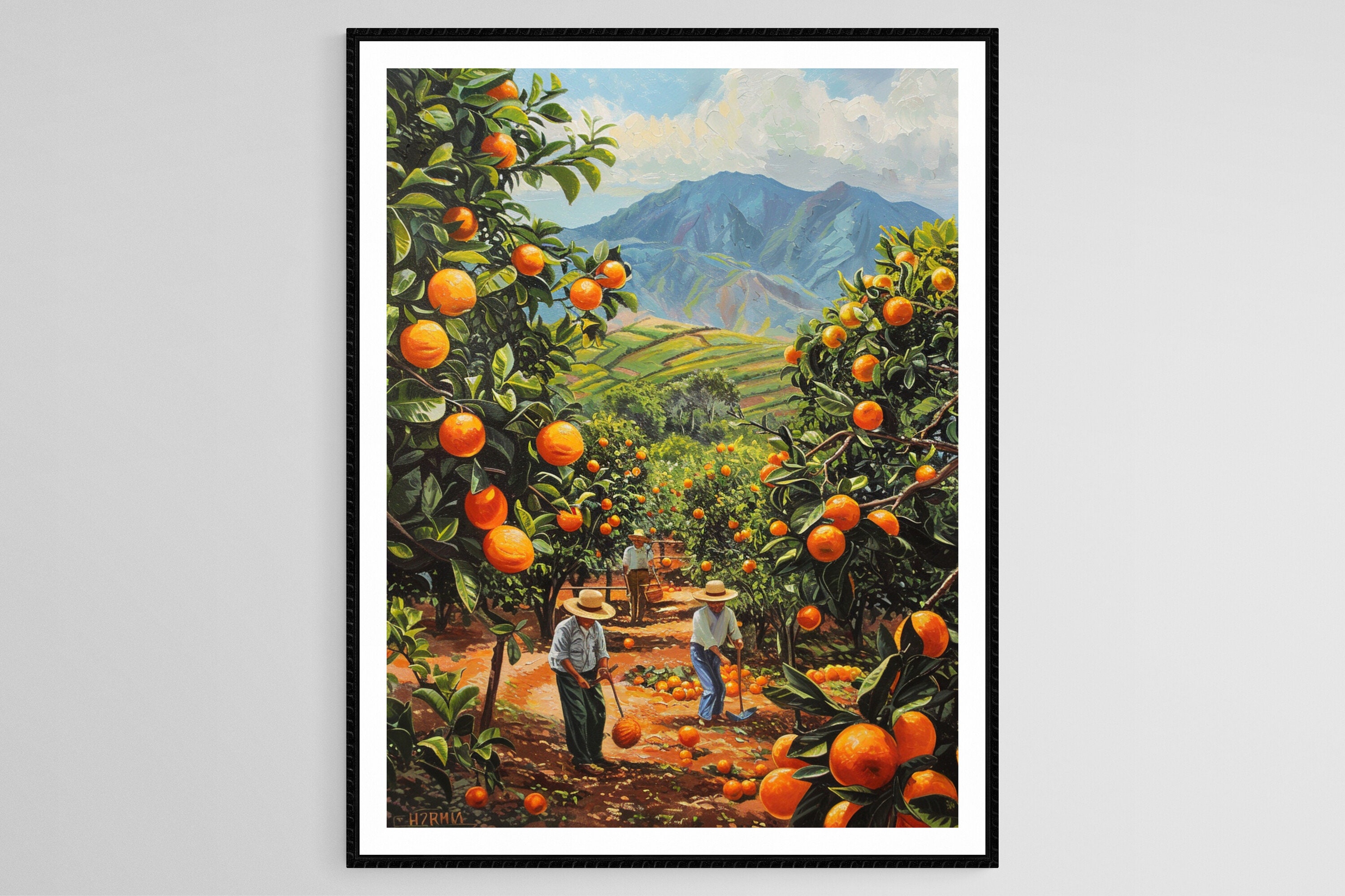 メキシコの柑橘園のアート、農民がオレンジを収穫する絵画、緑豊かな