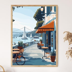 May include: A painting of a cafe with an orange awning, tables and chairs, and a bicycle. The cafe is located on a waterfront with a bridge and sailboats in the distance.
