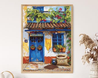 Impresión giclée de cafetería colombiana: Arte mural vibrante para cafetería