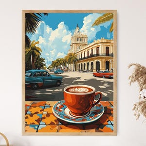 Impresión artística con encanto vintage y escena de chocolate caliente en La Habana, motivos de azulejos cubanos