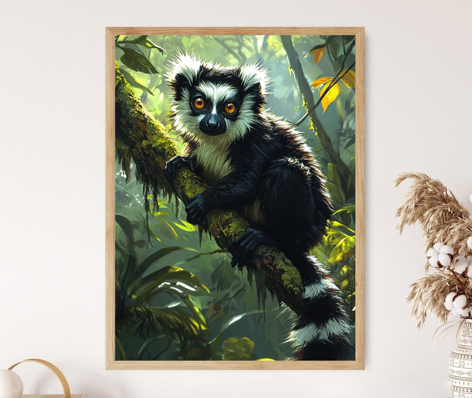 マダガスカルのキツネザル アート作品 マダガスカルキツネザルの版画：白黒のエリマキキツネザルの絵画