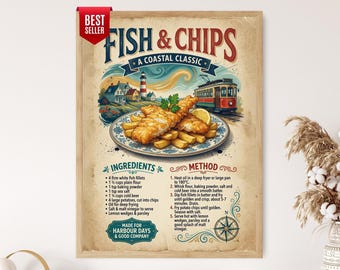 Fish and Chips Recipe Poster, British Seaside Cuisine Print, Classic Kitchen Wall Art