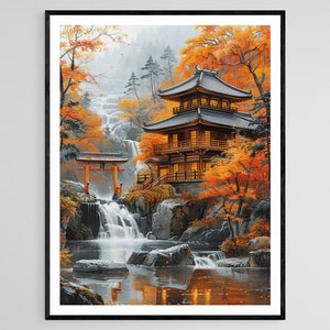 Autumn Foliage at Japanese Temple Painting, Tranquil River and Torii Gate Art