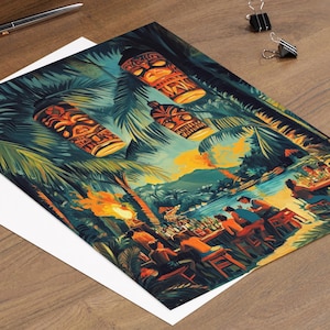 May include: A colorful print depicting a tropical scene with tiki torches, tiki masks, and people at a bar. The artwork features a vibrant color palette of greens, oranges, and blues, evoking a sense of a tropical paradise.