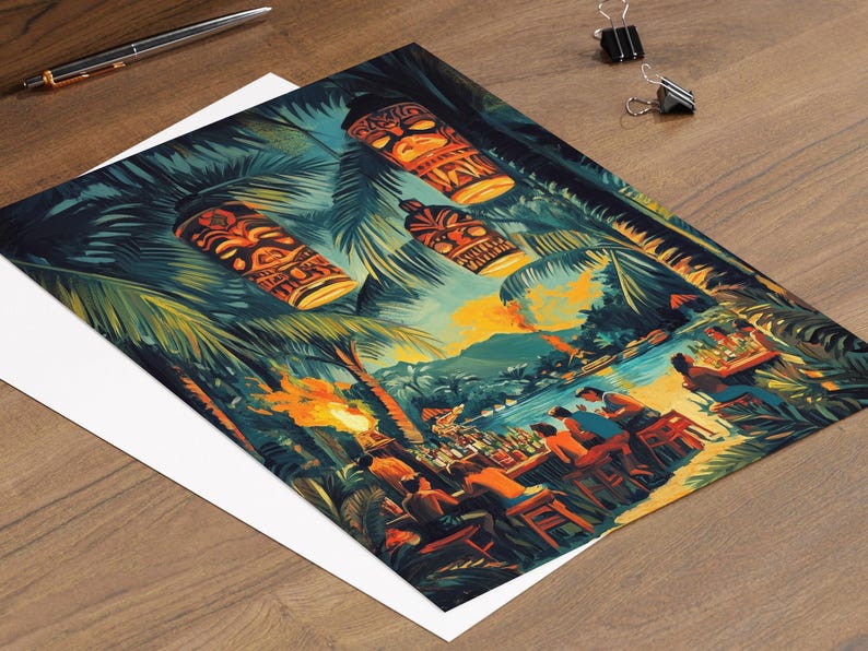 May include: A colorful print depicting a tropical scene with tiki torches, tiki masks, and people at a bar. The artwork features a vibrant color palette of greens, oranges, and blues, evoking a sense of a tropical paradise.