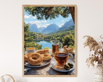 Turkish Breakfast Art Print, Çay and Simit, Olives, and Tea Illustration, Restaurant Decor
