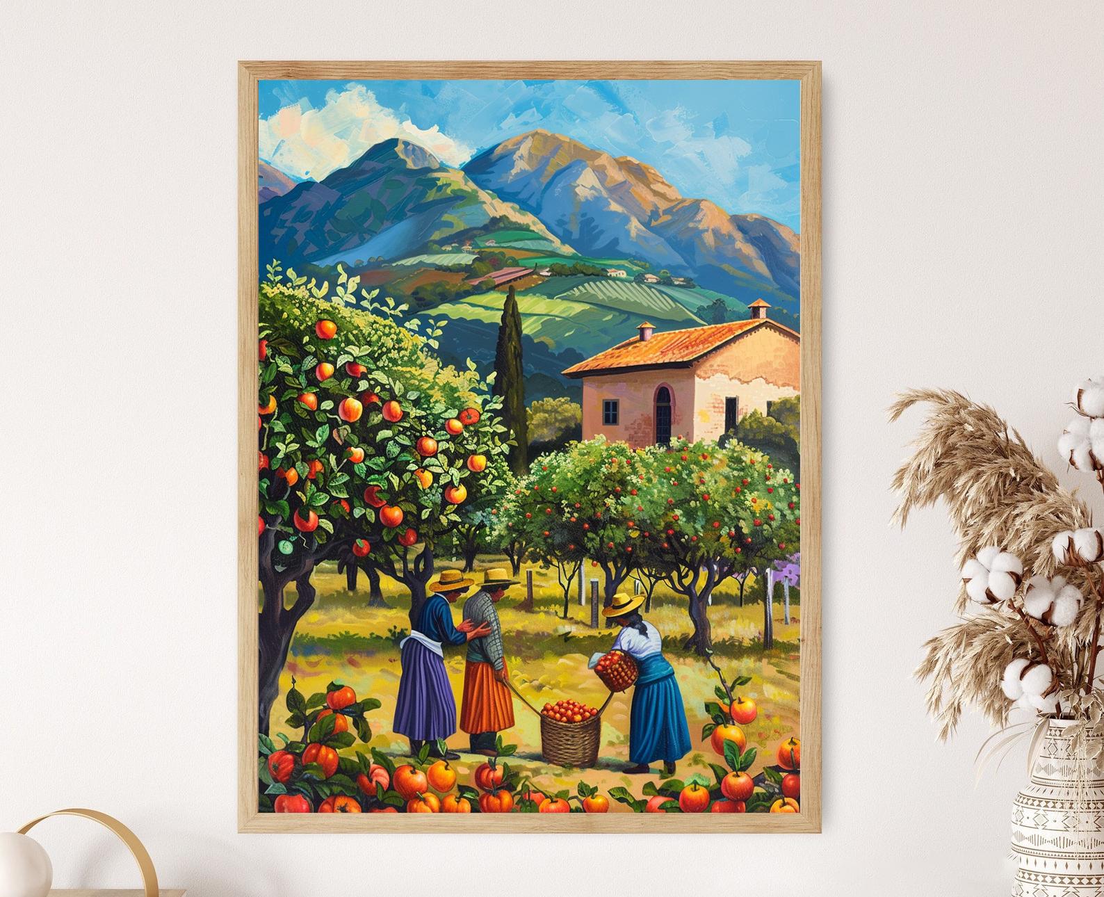 アルゼンチンのリンゴ園の絵画、熟したリンゴを摘む農民、伝統的 アルゼンチンのリンゴ園の絵画、熟したリンゴを摘む農民、伝統的
