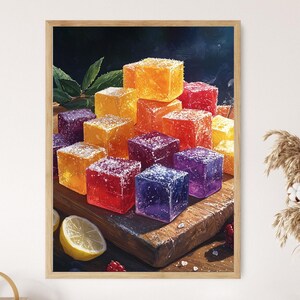 Könnte beinhalten: Gerahmter Druck mit einer farbenfrohen Anordnung von Fruchtgelee. Die Gelees sind auf einem Holzbrett gestapelt, mit einer Zitronenscheibe und Beeren im Vordergrund. Die Gelees sind in verschiedenen Farben, darunter Orange, Rot, Lila und Gelb.