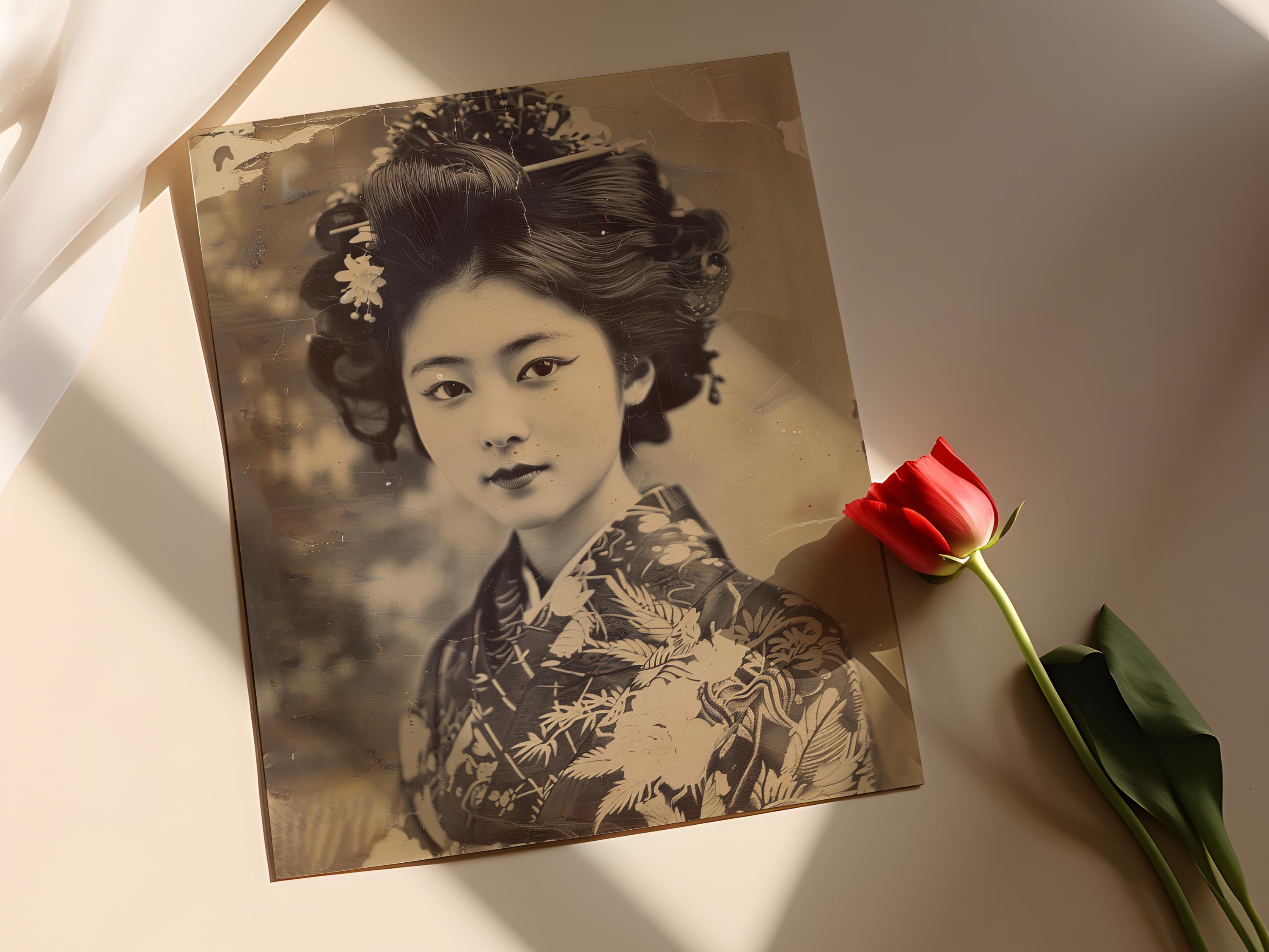 肉筆画美人画 GeishaGirl 着物アンティーク風画額縁付 Japanese-Beautiful-Kimono-
