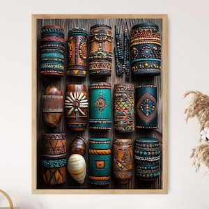 May include: A collection of 15 wooden cylinders with intricate geometric patterns and colorful designs. The cylinders are arranged in three rows of five, with each cylinder featuring a unique combination of colors and shapes. The cylinders are painted in shades of blue, green, brown, and orange, and they are decorated with geometric patterns, dots, and stripes.