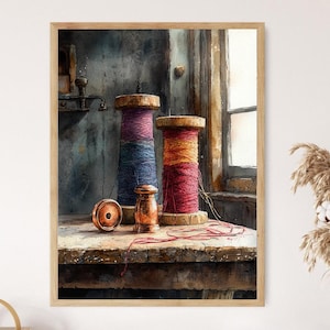 May include: Watercolor painting of sewing spools in a rustic setting. Two large spools of thread, one with purple and blue thread, the other with red and orange thread, sit on a wooden table. A small wooden spool and a copper object are also on the table.