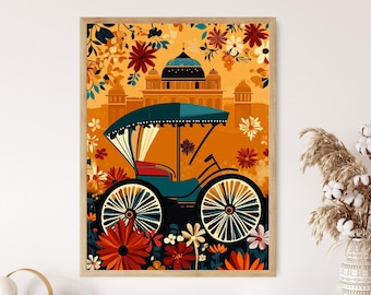 Könnte beinhalten: Eine Kutsche im Vintage-Stil, blau und goldfarben, mit einem Verdeck, vor einem Hintergrund aus einem farbenfrohen Blumenmuster und einem gelbtönigen Gebäude mit einer Kuppel. Die Kutsche hat ein großes, verziertes Rad und ein kleineres Rad im Hintergrund.