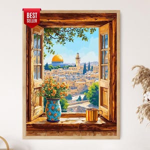 Pode incluir: Impressão emoldurada de uma janela com vista para uma cidade com uma cúpula dourada. Um vaso azul com flores laranja e uma caneca dourada estão na janela. A impressão tem um adesivo "Best Seller".