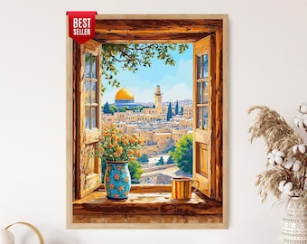 Konsttryck med träfönster i Jerusalem, palestinska motiv, utsikt över Klippdomen